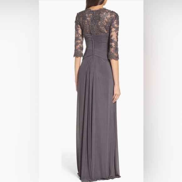 La Femme Ruched Twist Column Sweetheart Neck Lace and Crystals Maxi Gown NWOT - Picture 2 of 12